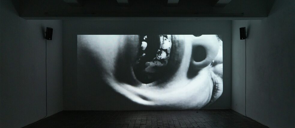 Schwarz-Weiß-Aufnahme von Dis Fig, der auf dem Bildschirm lächelt, als Teil einer Installation 