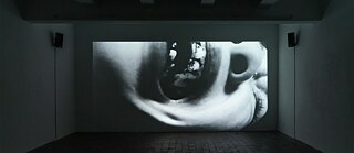 Schwarz-Weiß-Aufnahme von Dis Fig, der auf dem Bildschirm lächelt, als Teil einer Installation  © Dis Fig  Dis Fig Installation 