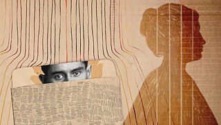 Очі Кафки дивляться на профіль жінки, який ми не можемо рогледіти. 