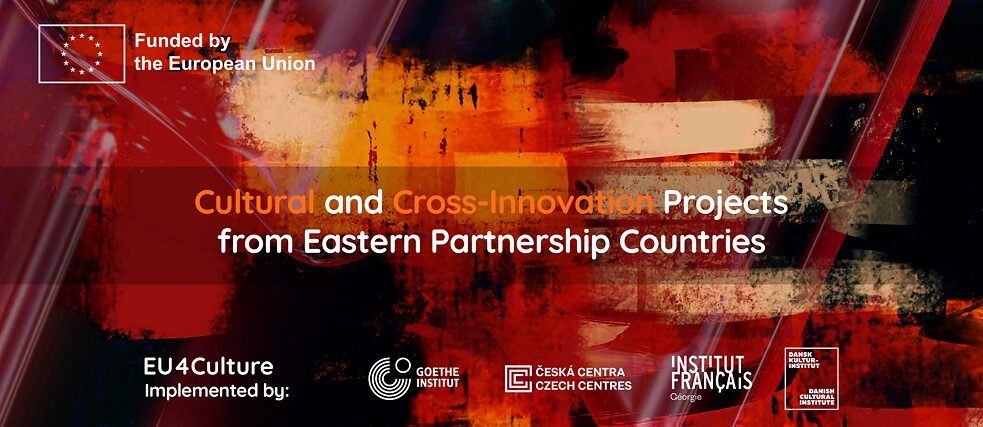 cultural and cross-innovation projects banner with an abstract painting, donor logos and text