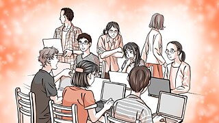 Sharing experiences of dealing with mis- and disinformation can be inspiring. The picture shows a group of people working on their laptops. Illustration: Yukari Mishima.