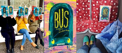 Lecteur.ices avec le livre bus, Couverture Bus, des chaussures colorées