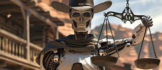 Ein Cowboy-Roboter, der die Waage der Gerechtigkeit hält