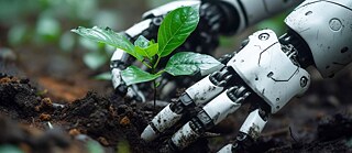 Robotic hands pulling up a plant
