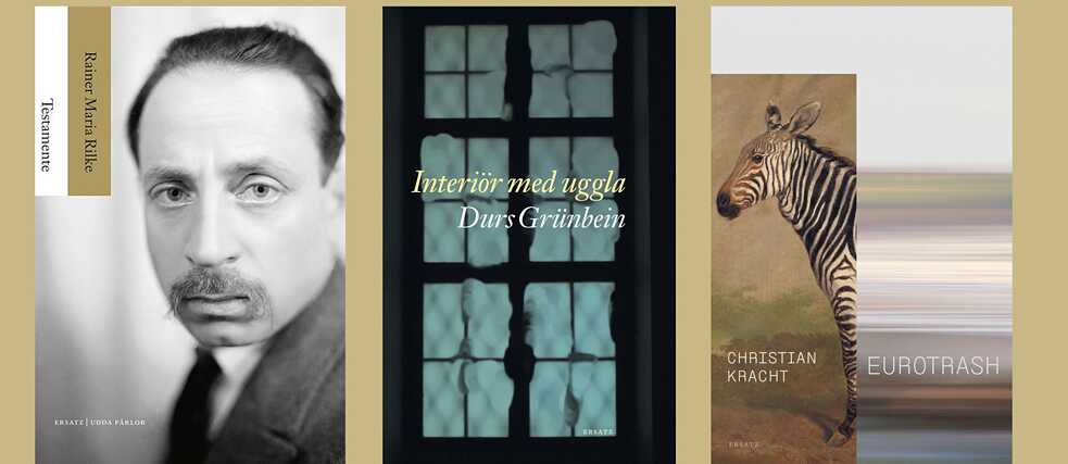 Buchcovers: „Testamente“,  „Interiör med uggla“ och „Eurotrash“