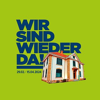 An illustration of the building of the Goethe-Institut Nicosia on a green background. In big blue letters it says: WIR SIND WIEDER DA! and the dates 29.02.-15.04.2024