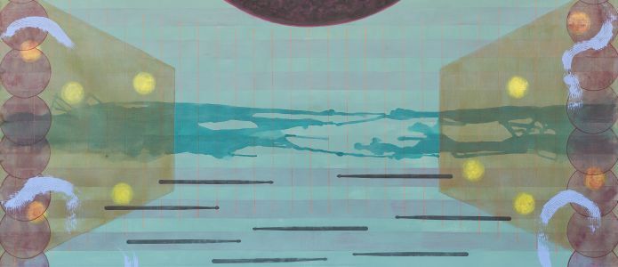 Satch Hoyt, Cross Rhythmic Delay (from the Afro-Sonic Mapping series), 2017. Acrylic and pigment on canvas, 100 x 210cm. Commissioned by HKW Berlin © by Trevor Lloyd Morgan