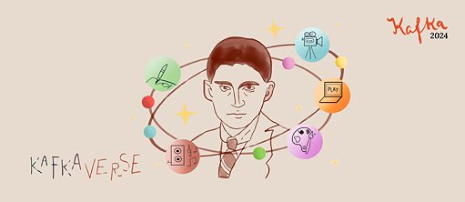 Portrait dessiné de Kafka. Autour de son visage gravitent telles des planètes cinq bulles symbolisant les ateliers créatifs, à savoir : écriture, musique, dessin, jeu vidéo et cinéma.