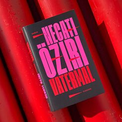 Necati Öziris Roman "Vatermal" liegt auf einem Stapel tiefroter Rohre. Der Roman erschien 2023 im Claassen Verlag.