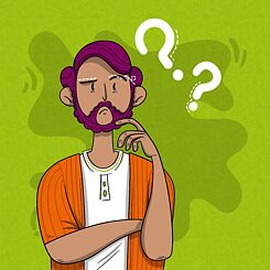 Illustration eines Mannes mit lila Haaren und Bart und fragendem Gesichtsausdruck, neben ihm fliegen Fragezeichen.