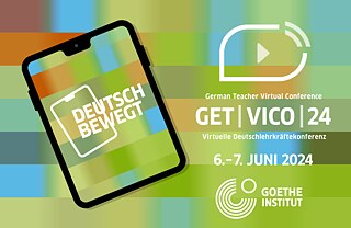 Auf einem mit vielen grünlichen Pixeln versehenen Hintergrund sieht man links das Visual der Konferenz und rechts ein Tablet mit der Aufschrift "Deutsch bewegt". Darunter sieht man das Logo des Goethe-Instituts. 