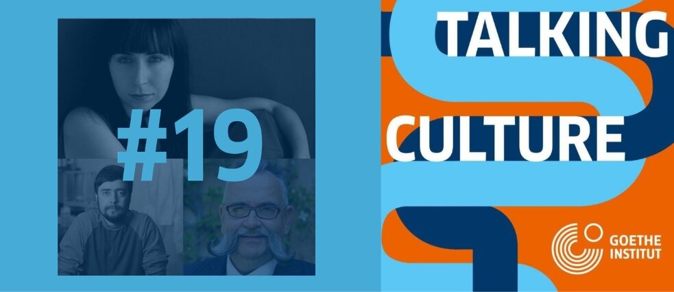 Talking culture logo and image of Agnieszka, Johannes and Mike 