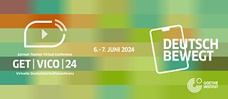 On a background with lots of greenish pixels, you can see the key visual of the conference, the logo of the Goethe-Institut and the motto of the conference Deutsch bewegt. In the middle is the date June 6-7, 2024. 