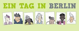 Cartoon characters, a diverse group of teenagers, on a green background. The caption reads "Ein Tag in Berlin"