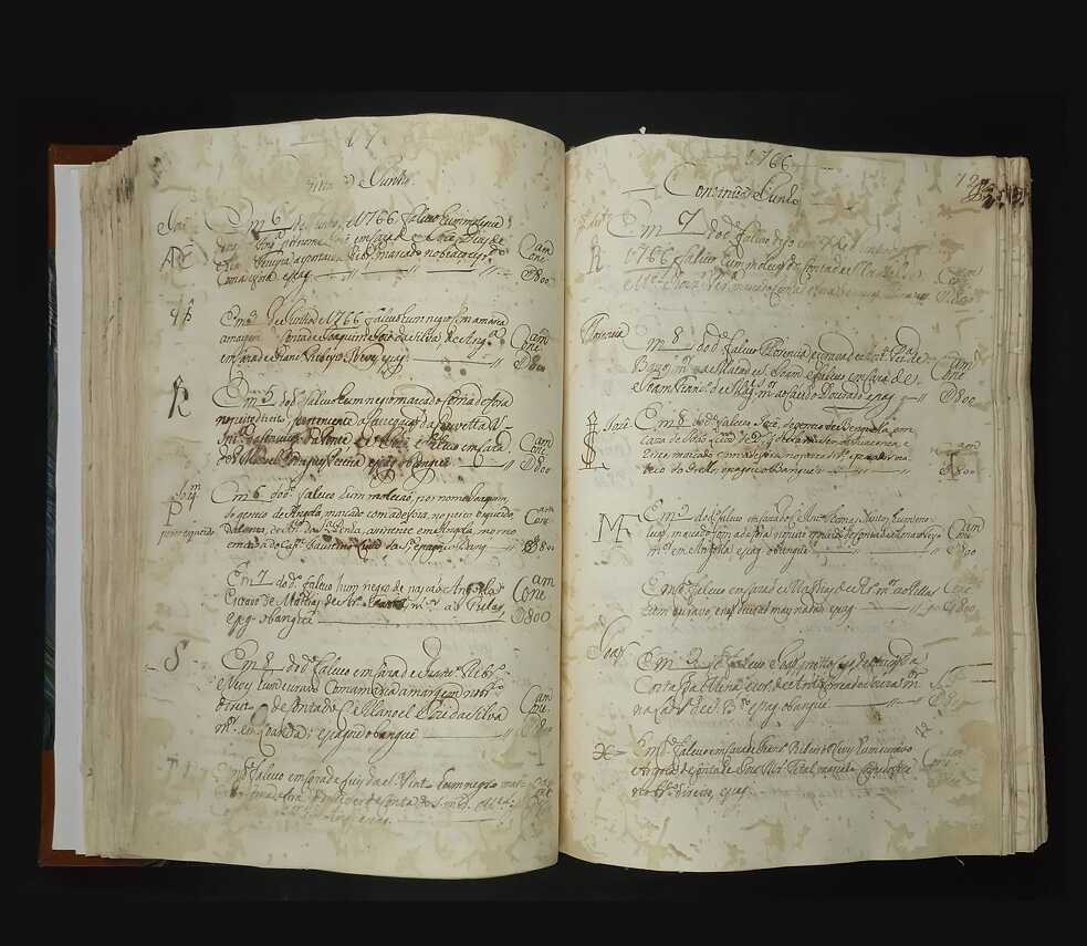Libro Banguê número 6, nº 1261, documenta el transporte de esclavos y personas necesitadas que murieron entre 1764 y 1772. Propiedad de la Santa Casa de Misericordia da Bahía