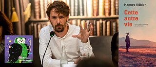 Montage des Porträts des Autors und des Buchcovers. Das Porträt zeigt Hannes Köhler, wie er bei einer Konferenz vor einem eingeschalteten Mikrofon sitzt und seine rechte Hand in einer erklärenden Bewegung nach oben streckt. Das Cover zeigt einen Soldaten im Profil in einer sonnendurchfluteten Wüstenlandschaft mit einem kleinen Berg im Hintergrund. 