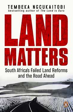 The title of the book Land Matters is written in large red letters, with a landscape of lakes, fields and hills below in high-contrast black and white