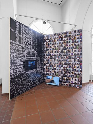 Exhibition view: Nadya Sayapina in collaboration with Eugene Buldyk, from the series ‘X Letters’: ‘Where are you from?’, 2023, and ‘My suitcase stands in the corner’, 2022.