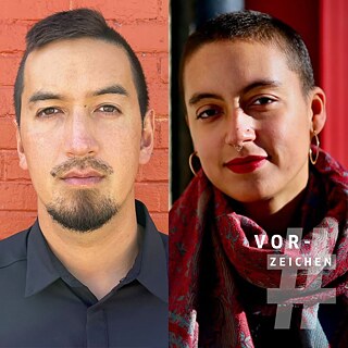 The picture to the left shows Jon Cho-Polizzi, a young man with a beard, who wears a blue shirt and stands in front of a red wall. The picture to the right shows Thaila Ostendorf, a young woman with very short hair and a colourful scarf i different shades of red. 