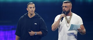 German rappers Farid Bang and Kollegah on stage at the 2018 Echovel Awards