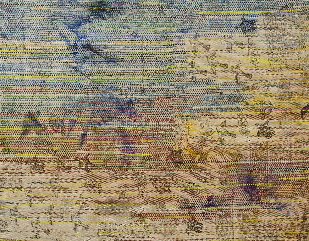 Samira Hodaei: It rains after us, Vitrail color on kalamkari, 1016 x 136 cm, 2022