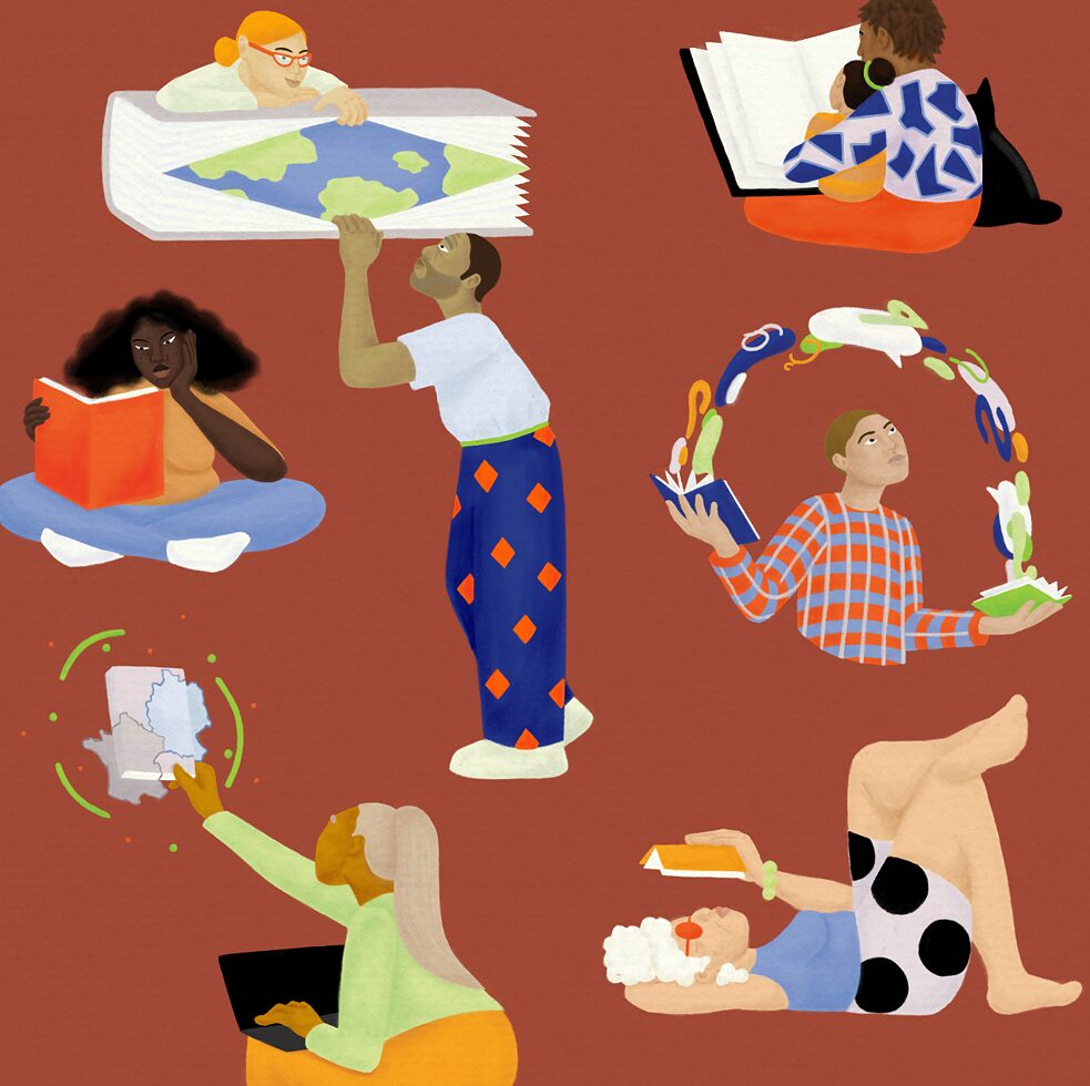 Bunte Illustration mit verschiedenen Menschen, die lesen, in Büchern blättern, vorlesen, am Laptop arbeiten. 