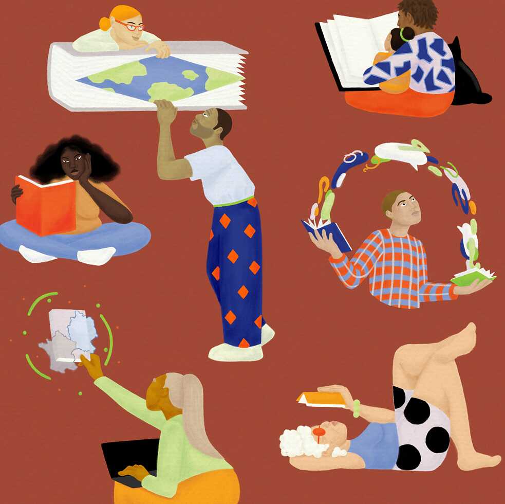 Bunte Illustration mit verschiedenen Menschen, die lesen, in Büchern blättern, vorlesen, am Laptop arbeiten. 