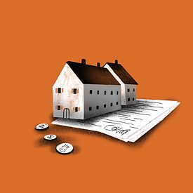 Ілюстрація: будинок, що стоїть на купюрі і здається хитским та маленьким