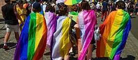 CSD Leipzig 2023. Teilnehmende Personen mit Pride Flag