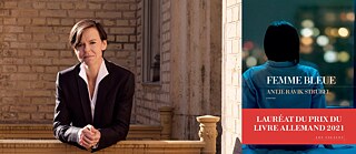 Auf dem linken Bild ist eine Person, die sich über ein Geländer lehnt und das rechte Bild zeigt ein Buchcover des Buches "Femme bleue"