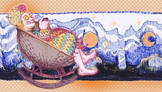 Пані на фоні килима (кулькові ручки, шарж)