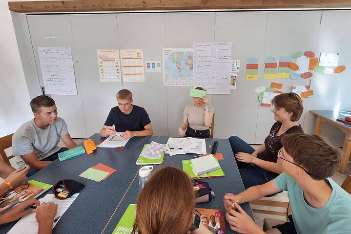 Jugendliche sitzen um einem großen Tisch, Arbeitsblätter liegen vor ihnen.