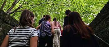 Jugendliche auf einer steinernen Treppe im Wald