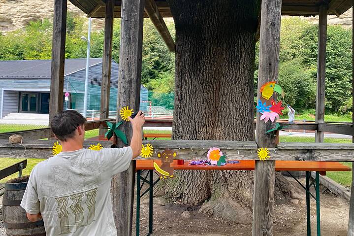 Junger Erwachsener beklept einen Unterstand mit Sonnen und Tukan aus buntem Papier.