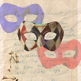 Колаж з трьома венеціанськими масками та текстом Манна на задньому плані