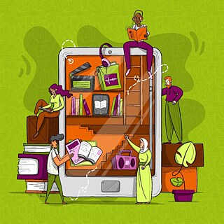 A tablet in which several people can be seen with books and other media