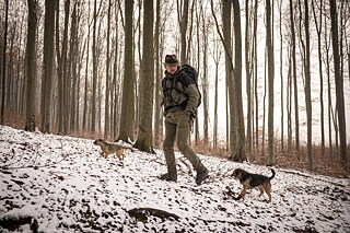 Martin Toman auf dem Feld mit seinen beiden Hündinnen