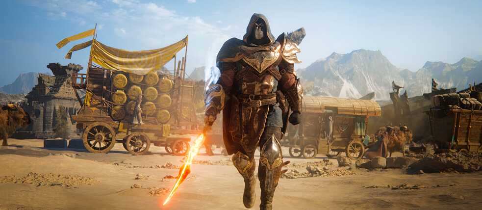 A scene from the game ‘Atlas Fallen’ with a figure in the foreground and a passing caravan in the background.