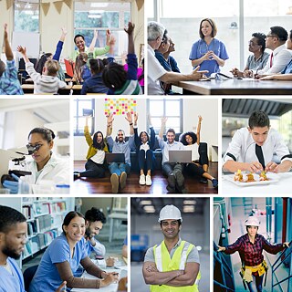 Mosaic of various photos of working life