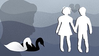 Ілюстрація до збірки оповідань Томаса Манна: Близнюки тримаються за руки на фоні озера ,у якому плаває чорний лебідь. 