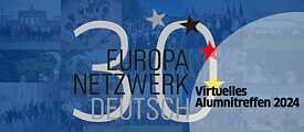 Collage participants of the Europanetzwerk Deutsch in blue with the logo 30 years and lettering for the virtual alumni meeting 2024