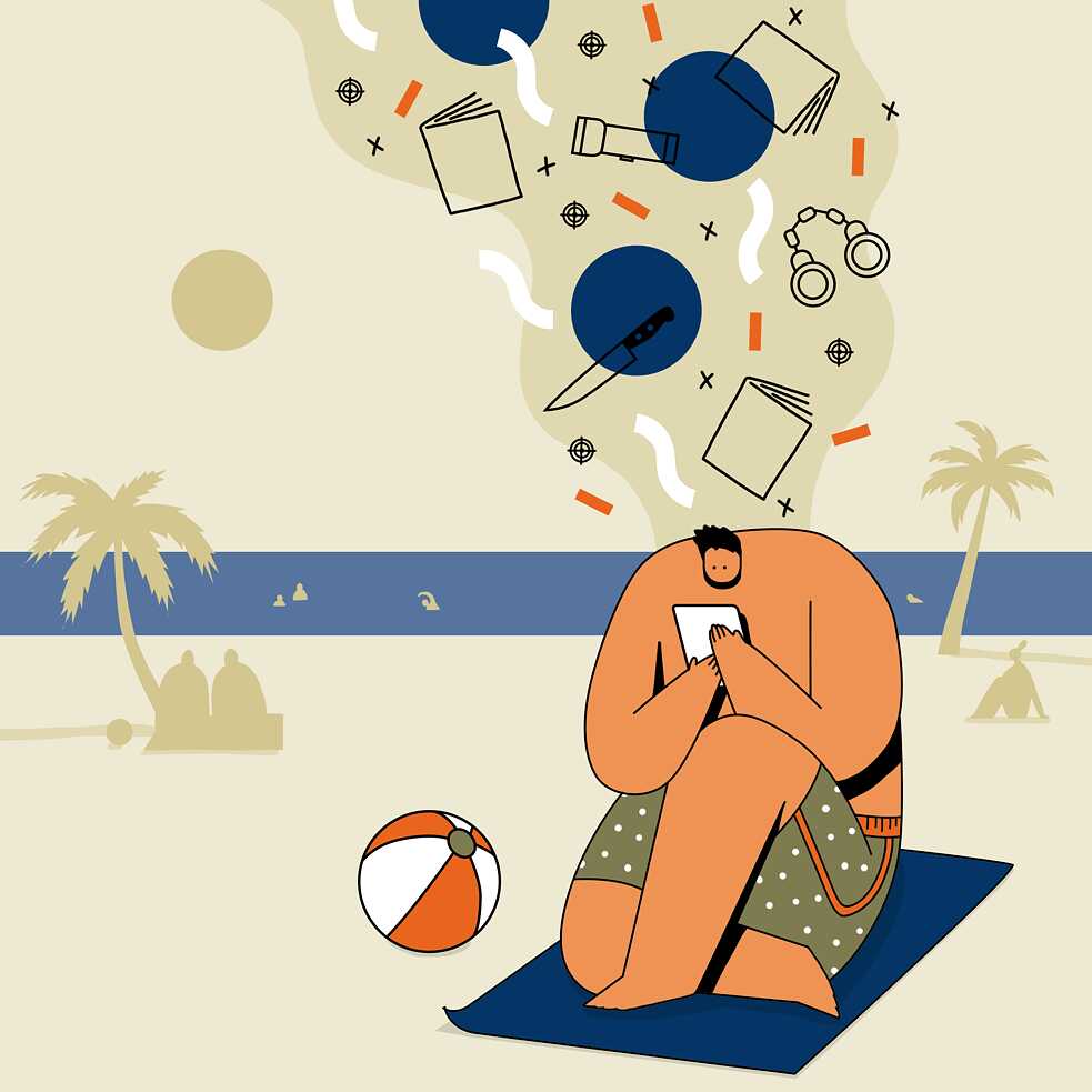 Männliche Figur liest am Strand
