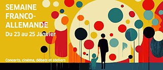 Bunte Illustration mit Kreisen, die wie Ballons aussehen und eine erwachsene Person die ein Kind an der Hand hält