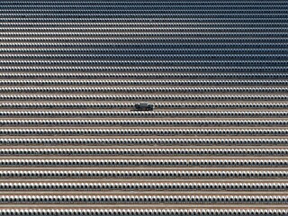 Nákladní vůz s výdejním zařízením mléka projíždí mezi tisíci stájí pro telata na dvoře obrovské mléčné farmy. Turkey Creek Dairy, Pearce, Arizona, USA, 2023. 