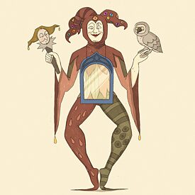 Герой у костюмі блазня тримає в одній руці сову, у другій маску. 