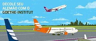 Desenho de aviões decolando em pista de aeroporto. O texto diz: Decole seu alemão com o Goethe-Institut. &copy; Zansky © Goethe-Institut Promoção "Decole o seu alemão"