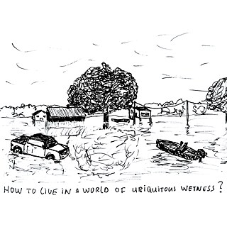 drawing trees, river, boat. Text: How to live in a world of ubiquitous wetness?