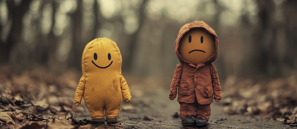 The image shows two cartoon-like humanoid figures standing outdoors on a path surrounded by fallen leaves. The figure on the left, dressed in a yellow outfit, has a cheerful smiling face, while the figure on the right, dressed in an orange outfit, has a sad or unhappy expression. The background features a blurry forest setting with muted, autumnal tones, creating a somber yet whimsical mood.