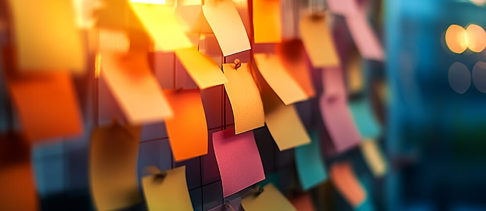 A close-up shot of a wall covered with colorful sticky notes, illuminated by a warm, directional light source from the left, creating a strong contrast with the darker background on the right. The sticky notes are arranged in a grid-like pattern and feature a variety of colors including yellow, orange, pink, and purple. The background is slightly blurred with a hint of blue and white bokeh lights in the distance.