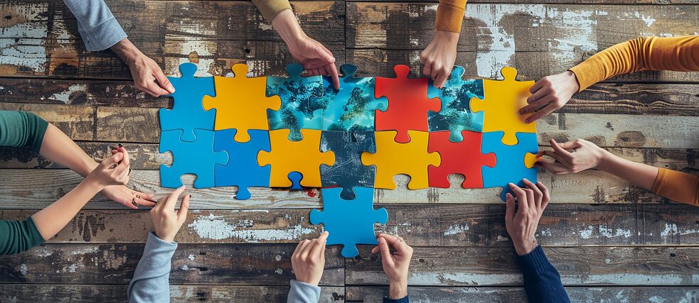 Eine Gruppe von Menschen, die gemeinsam ein buntes Puzzle auf einem Holztisch zusammensetzt, was Zusammenarbeit und Problemlösung symbolisiert.